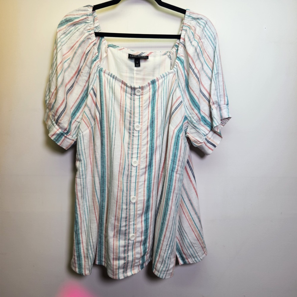 Lane Bryant Linen Rayon Tunic Top Puff Short Sleeves Sz 16 Lined Pastel Stripes